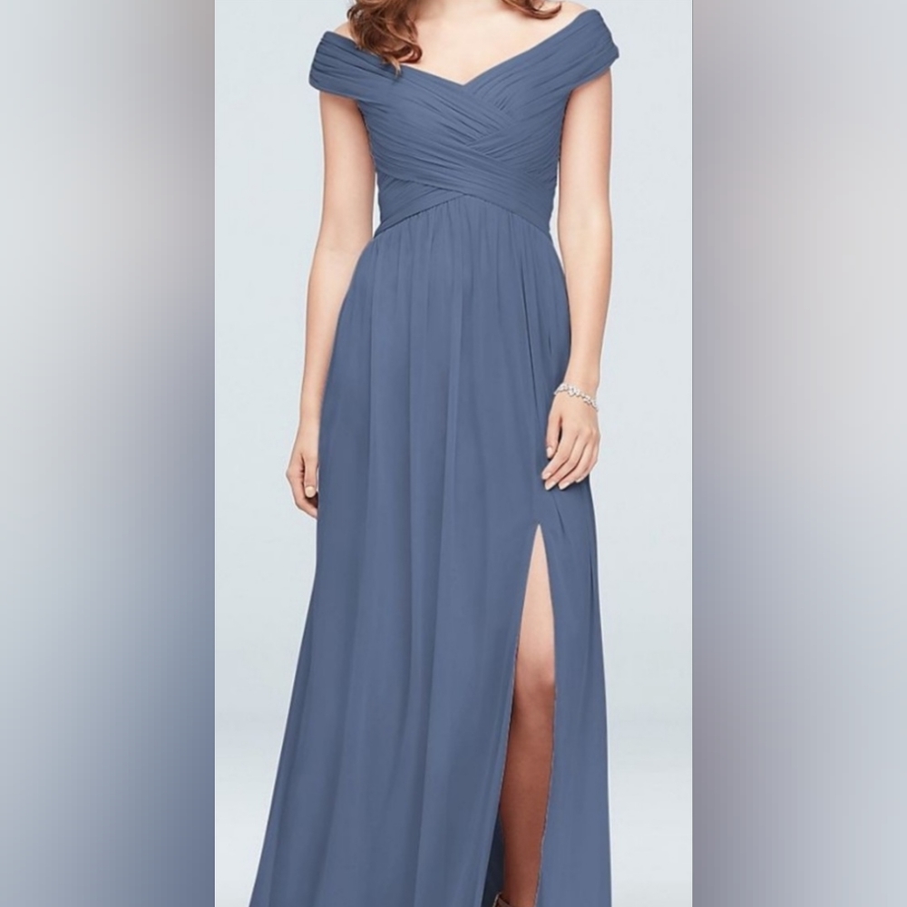 David's bridal criss cross off the shoulder steel blue bridesmaid formal…